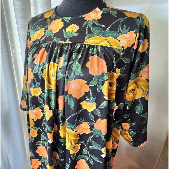 Vintage 80s housedress, black, bold orange, green floral, long sleeves, granny - Picture 2 of 7